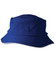A blue bucket hat with a textured finish and sandwich trim, featuring a logo on the side.