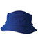 A blue bucket hat with a textured design and a sandwich trim, featuring a logo on the side.