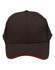 A black cap with a contrast red underbrim and a front panel featuring a logo.
