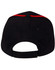 A black cap with contrast red trim and an adjustable strap at the back. It features a logo.
