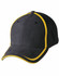 A black cap with yellow contrast trim and stitching, featuring a logo on the front.