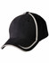A black cap with a contrast trim in white, featuring a curved brim and a logo on the front.