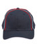 A structured cap in black, featuring red and white piping accents and a logo on the front.