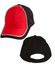 A two-tone cap featuring red and black colours with contrasting trim and a branded logo.