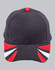 A tri-colour cap with a black base and red, white, and blue design elements, featuring a logo on the front.