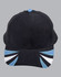 A tri-colour cap featuring black, white, and blue design elements, with an attached logo.