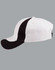 A baseball cap with a white crown and black peak, featuring a side stripe and a logo.