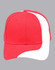 A red baseball cap with a white stripe, featuring a logo on the front.