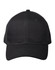 A black premium cotton twill trucker cap with mesh sides and a branded logo.