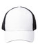 A Premium Cotton Twill Trucker Cap in white with black mesh sides and a logo on the front.
