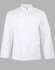 A white chef jacket with long sleeves and a mandarin collar, featuring a logo on one side.