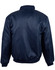 A navy blue soft shell jacket with a ribbed collar and cuffs, featuring a logo on one sleeve.