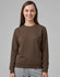 A brown crew fleece sweatshirt on a model, featuring long sleeves and a round neckline, with a logo.