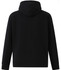 A black men's full-zip fleecy hoodie with a hood and ribbed cuffs, featuring a logo on the back.