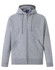 A grey men's full-zip fleecy hoodie featuring a hood and a logo.