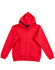 A red full-zip fleece hoodie with a hood and front pockets, featuring a logo.