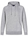 A grey men's fleecy hoodie featuring a kangaroo pocket and a drawstring hood. It has a logo on the chest.