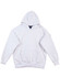 A white fleece hoodie featuring a hood and a front pocket. The product has a logo on it.