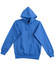 A blue fleece hoodie featuring a front pocket and a hood. It has a logo on the label.