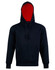 A black hoodie featuring a contrast red lining, complete with a front pocket and a drawstring hood.