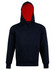 A navy blue hoodie with a red contrast lining and a front pocket, featuring a logo.