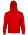 A red kids' hoodie with a front pocket and a hood, featuring a logo on the front.