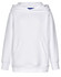 A white kids' hooded jumper with a front pocket and a logo. Soft fleecy fabric for comfort.