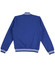 A blue adult's fleece varsity jacket with white striped cuffs and collar, featuring a logo on the back.