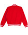 A red varsity jacket with white stripes on the collar and cuffs, featuring a logo on the front.