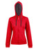 A red full zip fleece hoodie with a hood, featuring a contrasting inner lining and pockets.
