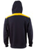 A navy hoodie with a yellow contrast stripe across the shoulders and a kangaroo pocket. It features a hood and branding.