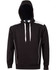 A black hoodie with contrast white detailing and a kangaroo pocket, featuring a hood and drawstrings.