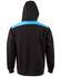 A black hoodie with a contrasting blue panel across the shoulders, featuring a hood and a logo.
