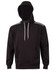 A black hoodie with a kangaroo pocket and grey contrast detailing, featuring a logo on the front.