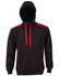 A black hoodie with contrasting red accents and a kangaroo pocket, featuring a logo on the chest.