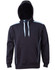 A black hoodie with a contrasting light blue design, featuring a kangaroo pocket and a hood. It has a logo.