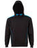 A black hoodie with a contrast blue lining, featuring a kangaroo pocket and a hood. It has branding on it.