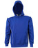 A blue hoodie with a contrast white shoulder design and a kangaroo pocket. It features a hood and a logo.