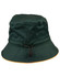 A green bucket hat with an adjustable toggle and an orange rim. It features a logo on the front.
