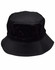 A black bucket hat with a toggle, featuring a wide brim and a structured top. It has a logo on the side.