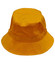 A yellow bucket hat with a toggle, featuring a wide brim and a simple design. It has a logo on one side.