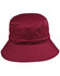 A maroon bucket hat with a wide brim and a toggle fastening, featuring a logo on the side.