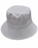 A white bucket hat with a toggle, featuring a wide brim and a structured crown, includes a branding logo.