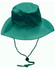 A green surf hat with a wide brim and a clip-on chin strap. It features a logo on the side.