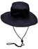 A navy blue surf hat with a wide brim and a clip-on chin strap, featuring buttons on the side.