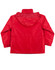 A bright red varsity jacket with a hood, featuring a simple design and a branding logo.