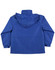 A blue varsity jacket with a hood, featuring a smooth finish and a back view. It has a logo on the back.