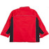 A red and black men's jacket featuring a collar and contrasting panels, with a logo on it.