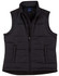 A black padded vest with a zip closure and a standing collar, featuring a logo on the inner label.