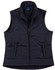 A black nylon rip-stop padded vest with a zipper and two front pockets. It features a collar and has a logo.